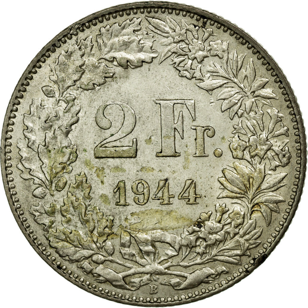 Coin, Switzerland, 2 Francs, 1944, EF(40-45), Silver, KM:21