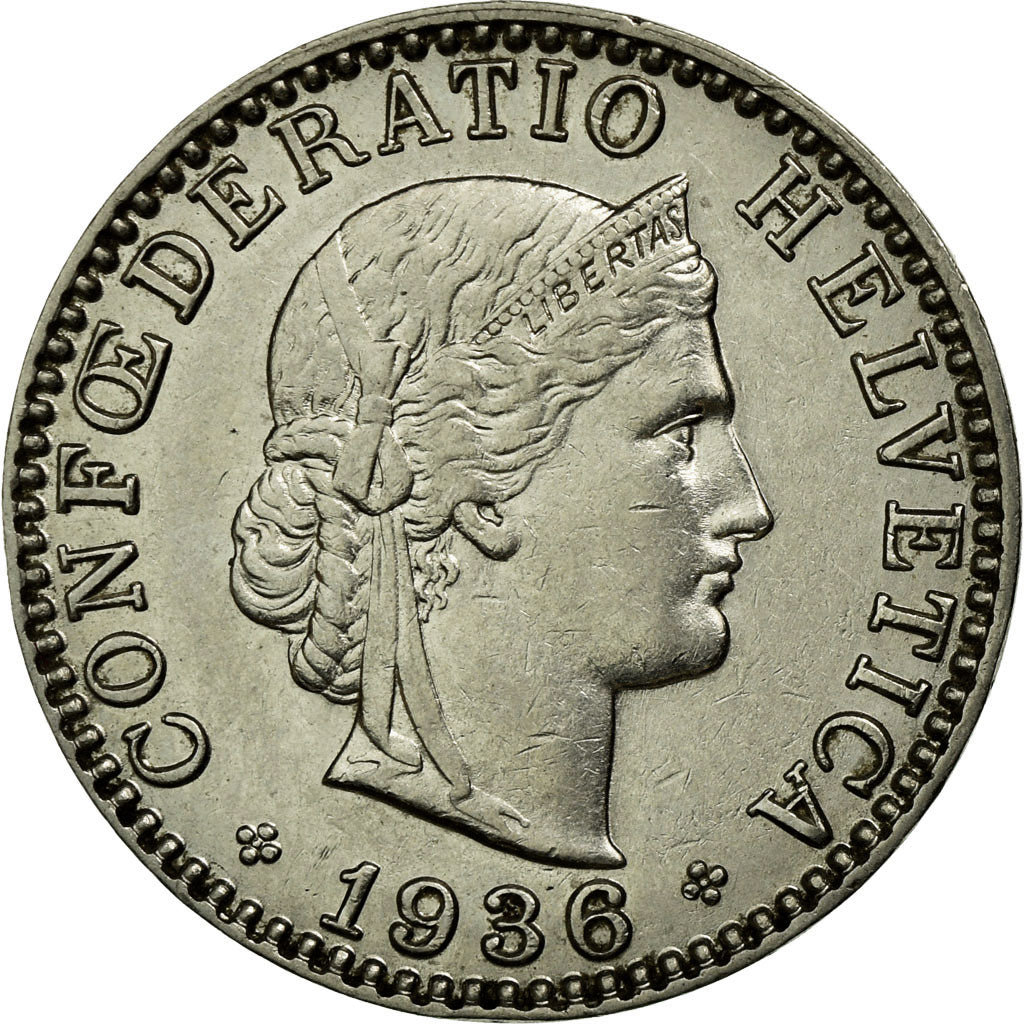 Coin, Switzerland, 20 Rappen, 1936, Bern, EF(40-45), Nickel, KM:29