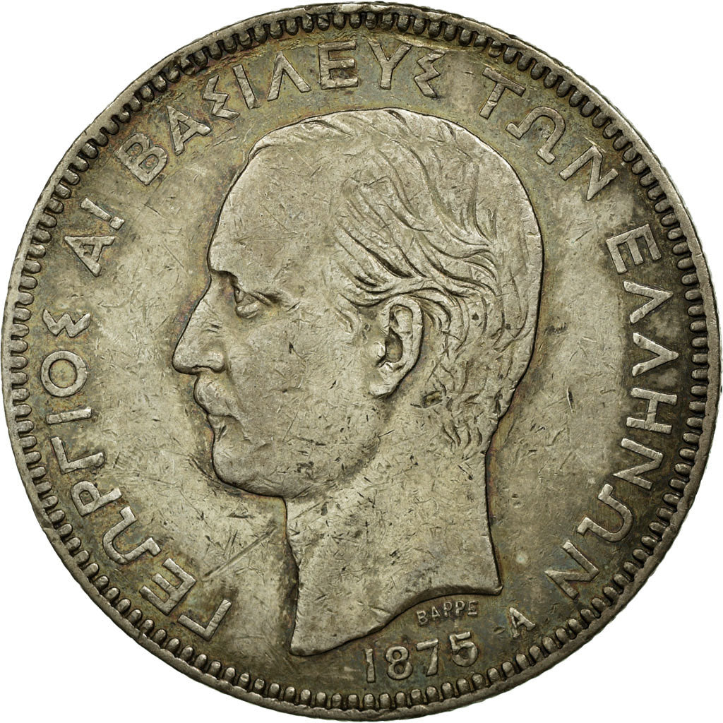 Coin, Greece, George I, 5 Drachmai, 1875, Paris, EF(40-45), Silver, KM:46