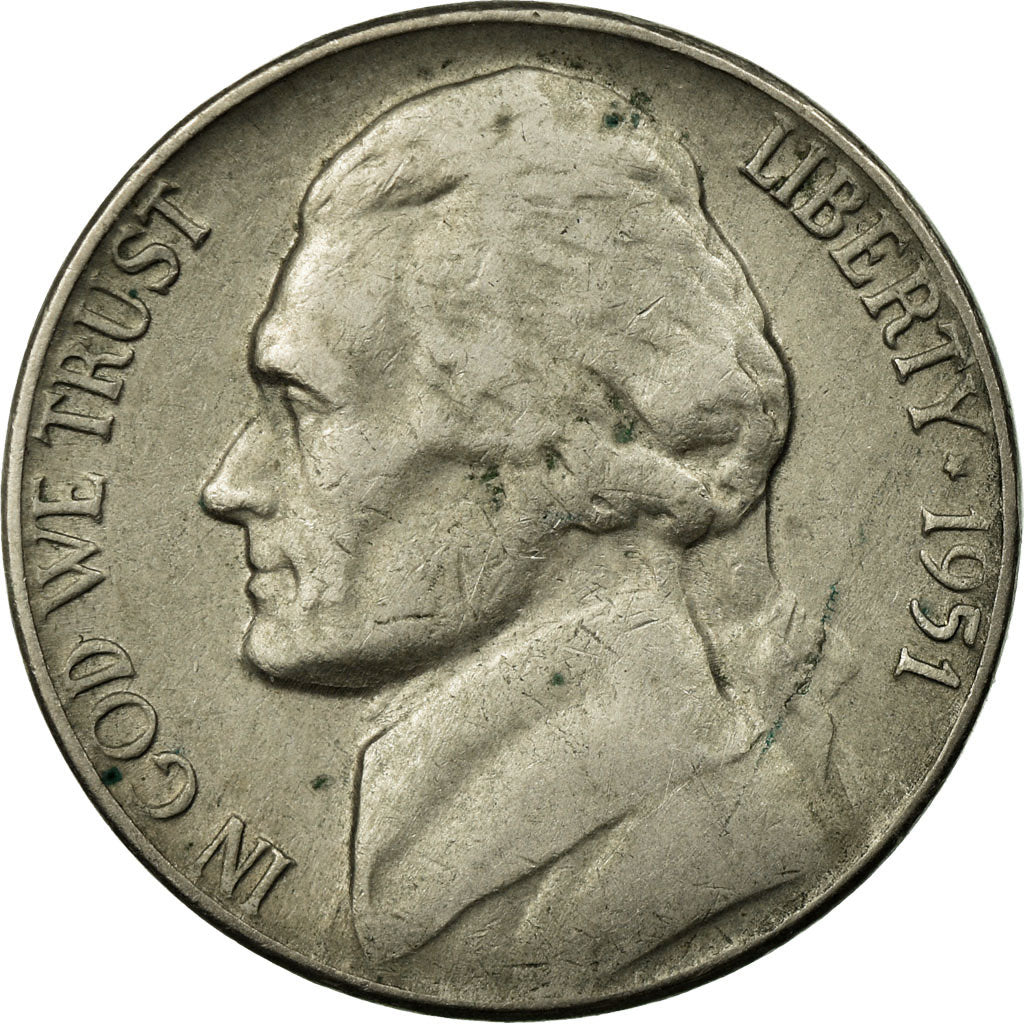 Coin, United States, Jefferson Nickel, 5 Cents, 1951, U.S. Mint, Philadelphia