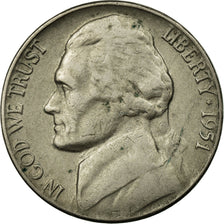 Coin, United States, Jefferson Nickel, 5 Cents, 1951, U.S. Mint, Philadelphia