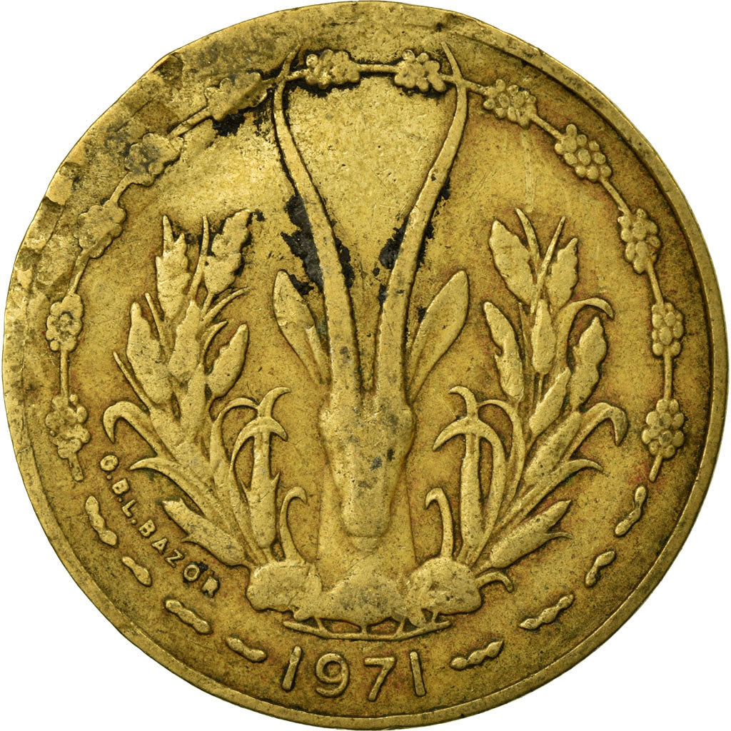 Moneda, Estados del África Occidental, 10 Francs, 1971, BC+, Aluminio - níquel