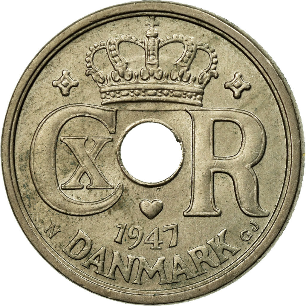 Moneta, Danimarca, Christian X, 25 Öre, 1947, Copenhagen, BB, Rame-nichel