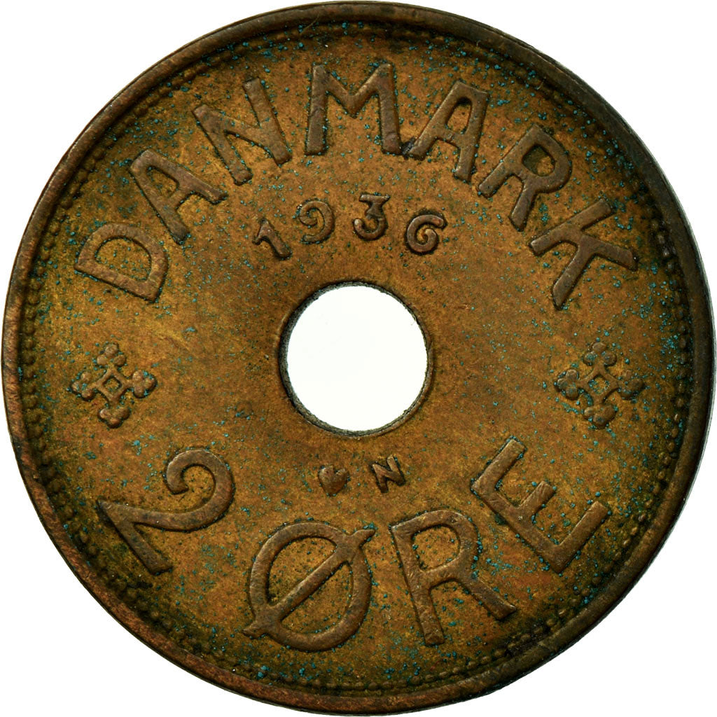 Munten, Denemarken, Christian X, 2 Öre, 1936, Copenhagen, ZF, Bronze, KM:827.2