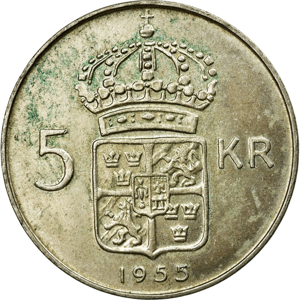 Coin, Sweden, Gustaf VI, 5 Kronor, 1955, EF(40-45), Silver, KM:829