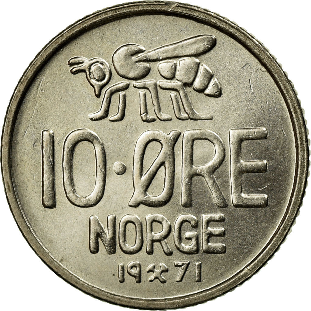 Moneta, Norvegia, Olav V, 10 Öre, 1971, SPL-, Rame-nichel, KM:411