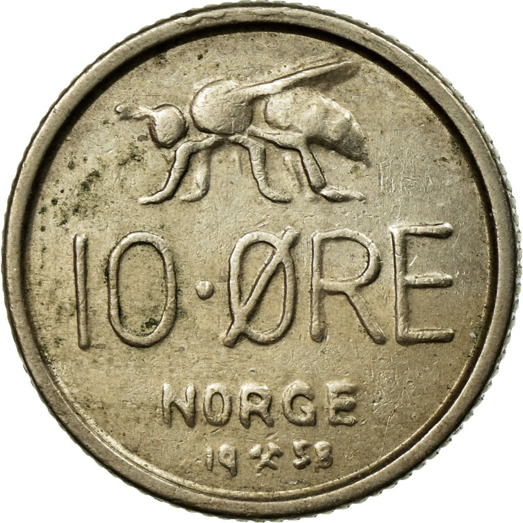 Coin, Norway, Olav V, 10 Öre, 1958, EF(40-45), Copper-nickel, KM:406