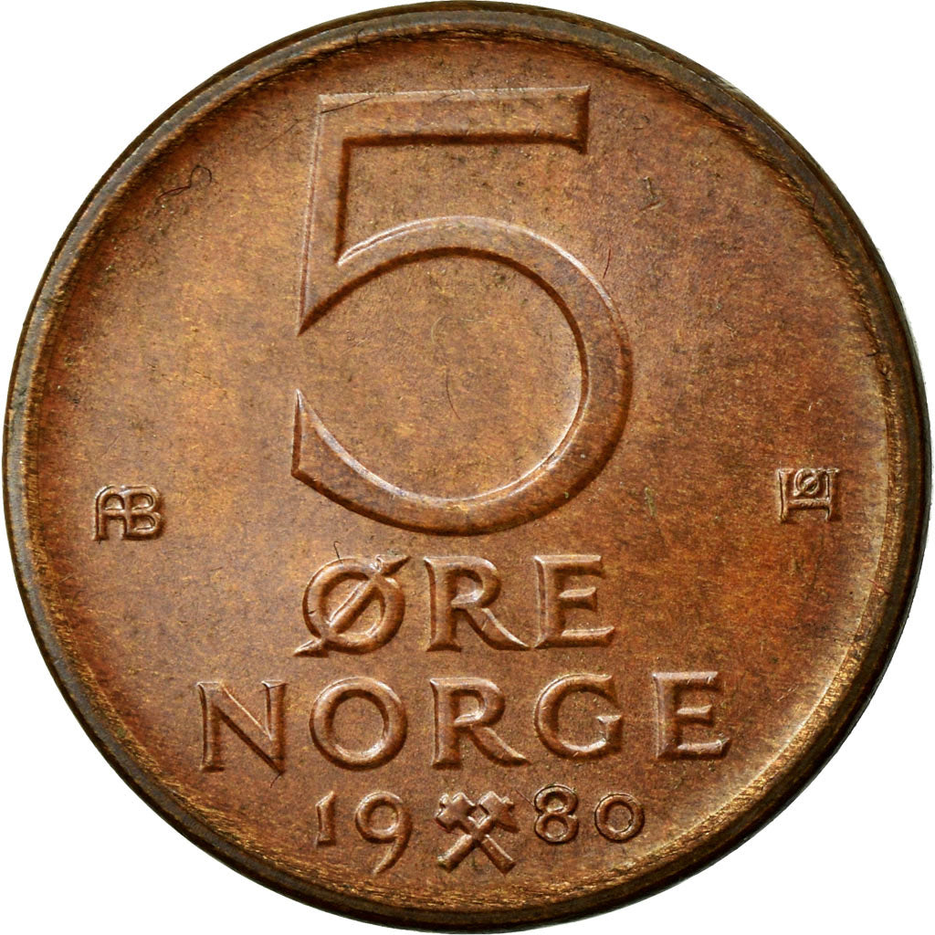 Moeda, Noruega, Olav V, 5 Öre, 1980, EF(40-45), Bronze, KM:415