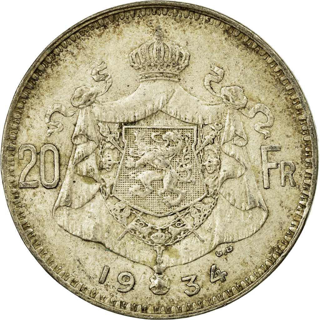 Coin, Belgium, 20 Francs, 20 Frank, 1934, VF(20-25), Silver, KM:103.1