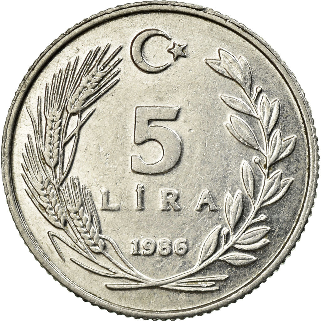Moeda, Turquia, 5 Lira, 1986, AU(55-58), Alumínio, KM:963