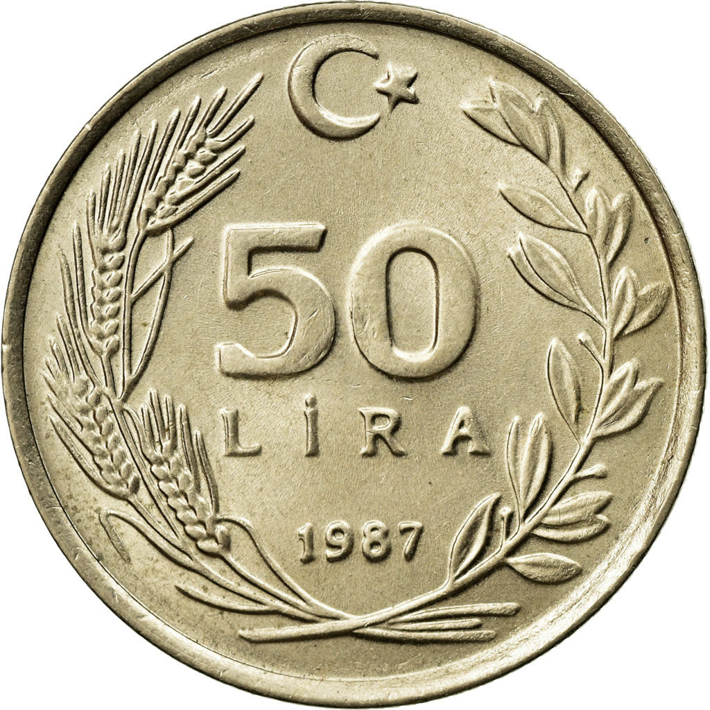 Moeda, Turquia, 50 Lira, 1987, AU(55-58), Cobre-Níquel-Zinco, KM:966