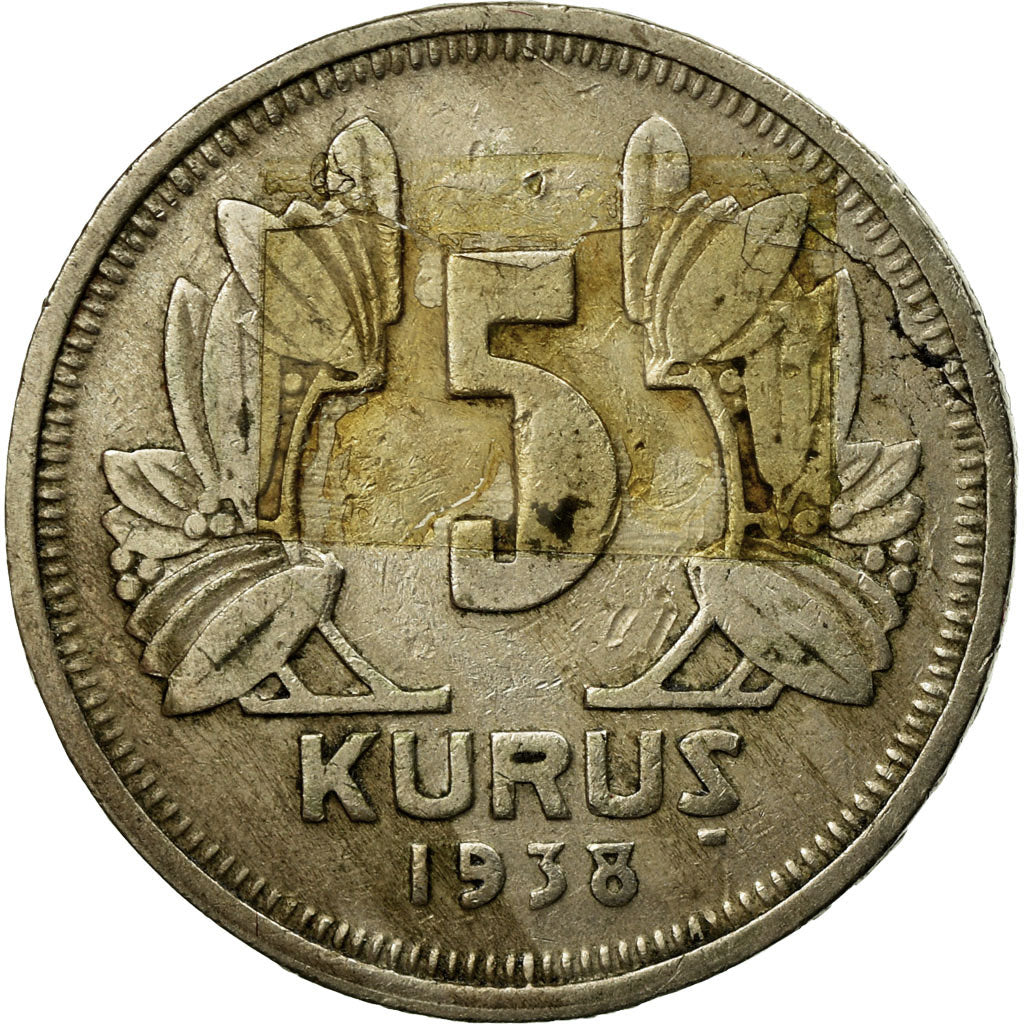 Coin, Turkey, 5 Kurus, 1938, VF(30-35), Copper-nickel, KM:862