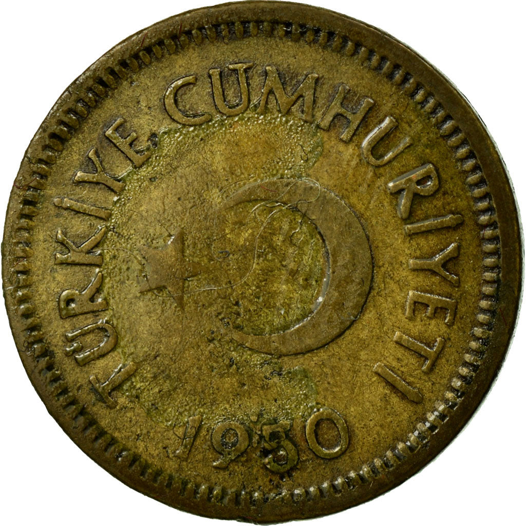 Moneda, Turquía, 5 Kurus, 1950, BC+, Latón, KM:887