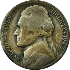 Coin, United States, Jefferson Nickel, 5 Cents, 1943, U.S. Mint, Denver