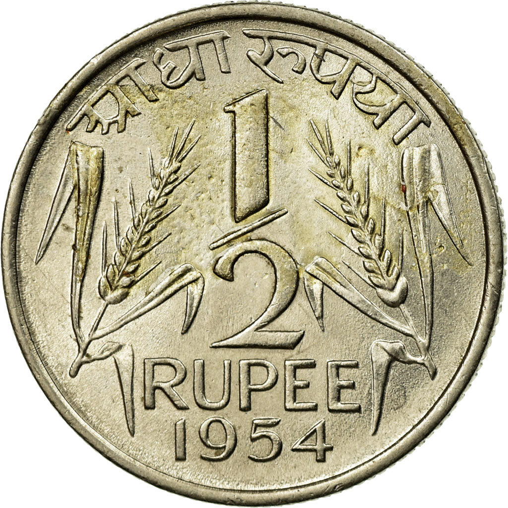 Coin, INDIA-REPUBLIC, 1/2 Rupee, 1954, EF(40-45), Nickel, KM:6.2
