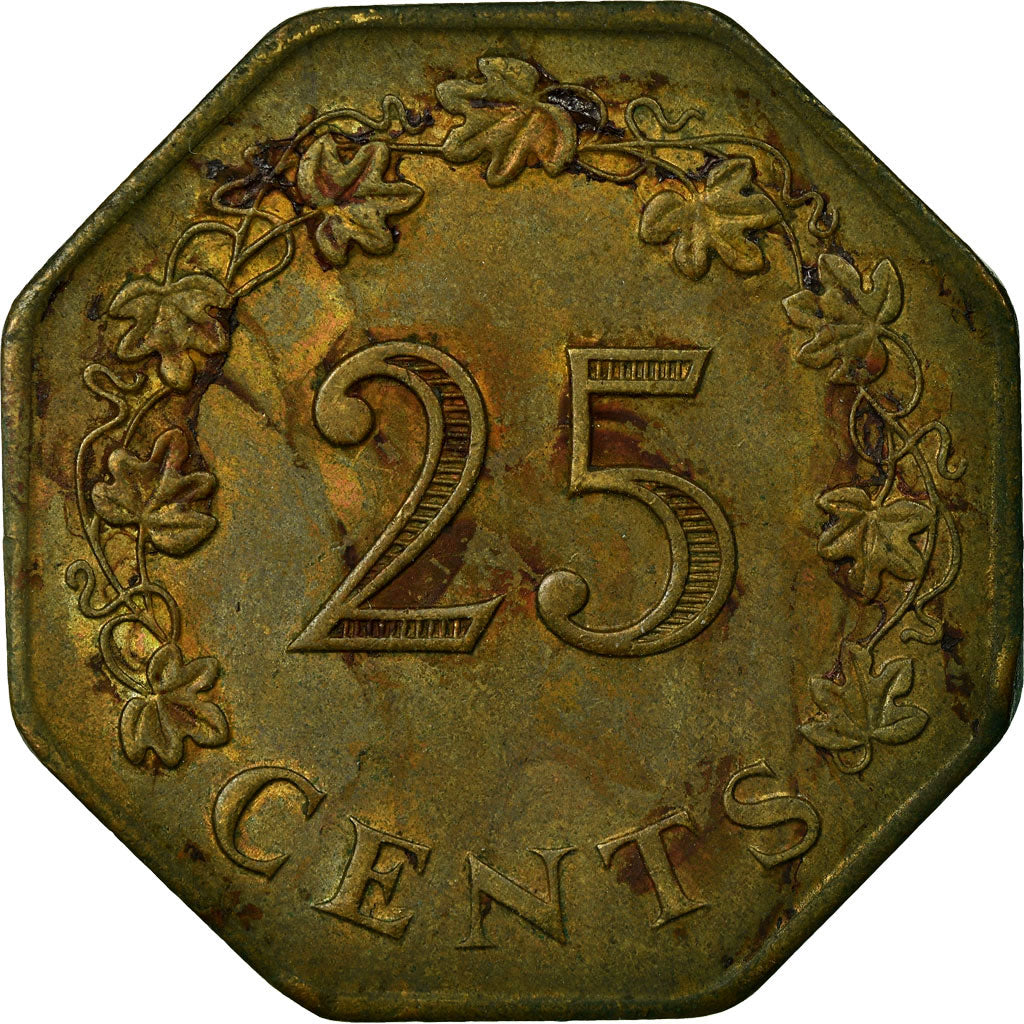 Coin, Malta, 25 Cents, 1975, EF(40-45), Brass, KM:29