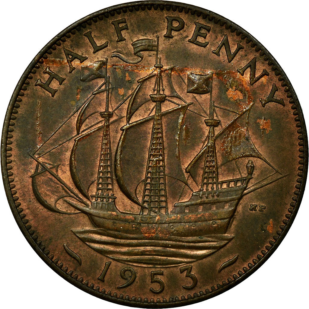 Coin, Great Britain, Elizabeth II, 1/2 Penny, 1953, EF(40-45), Bronze, KM:882
