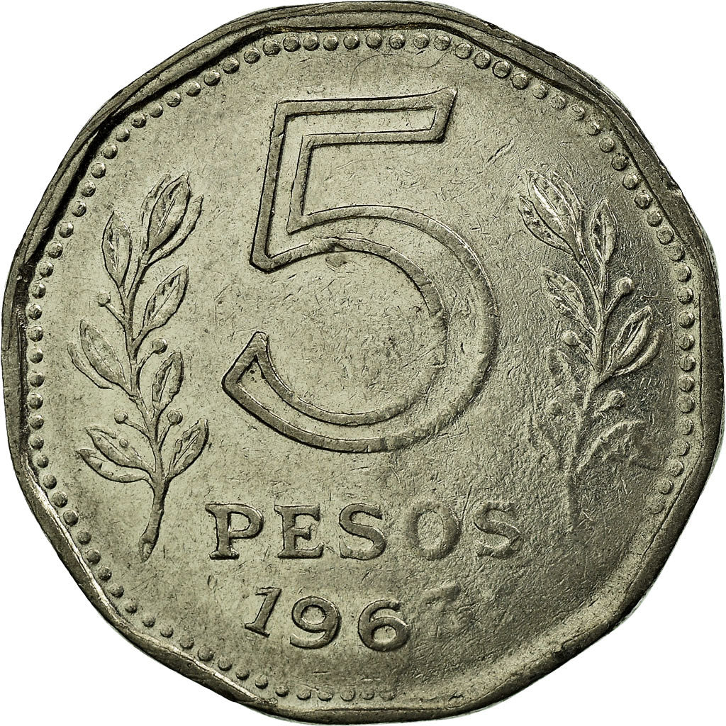 Moneta, Argentina, 5 Pesos, 1963, BB, Acciaio ricoperto in nichel, KM:59