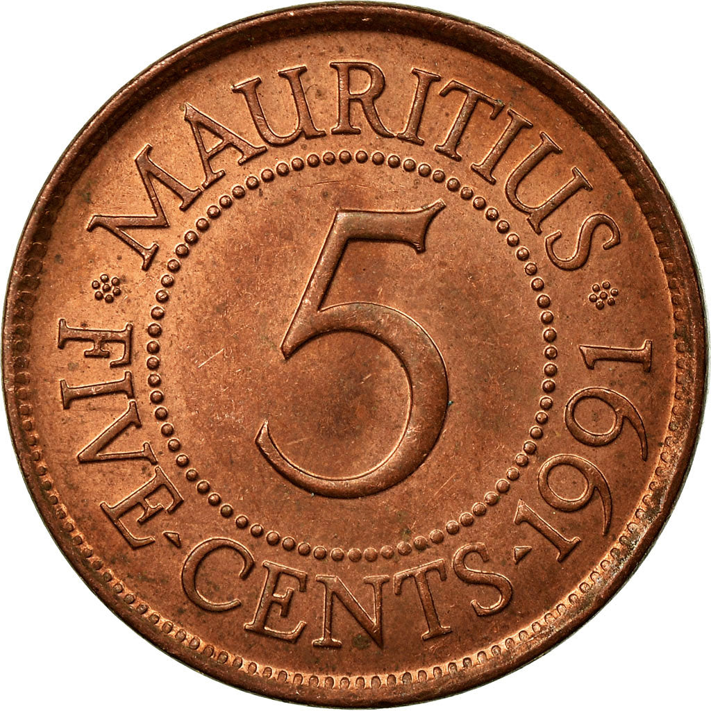 Coin, Mauritius, 5 Cents, 1991, EF(40-45), Copper Plated Steel, KM:52