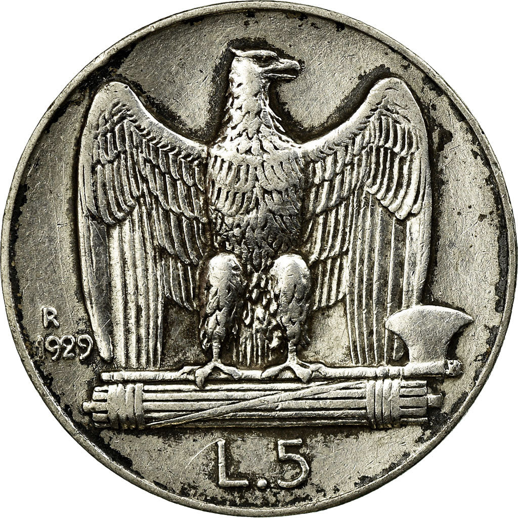 Coin, Italy, Vittorio Emanuele III, 5 Lire, 1929, Rome, VF(30-35), Silver
