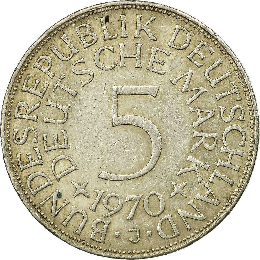 Coin, GERMANY - FEDERAL REPUBLIC, 5 Mark, 1970, Hambourg, EF(40-45), Silver
