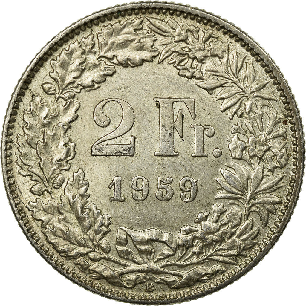 Coin, Switzerland, 2 Francs, 1959, Bern, EF(40-45), Silver, KM:21