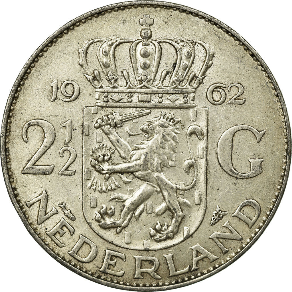 Coin, Netherlands, Juliana, 2-1/2 Gulden, 1962, EF(40-45), Silver, KM:185