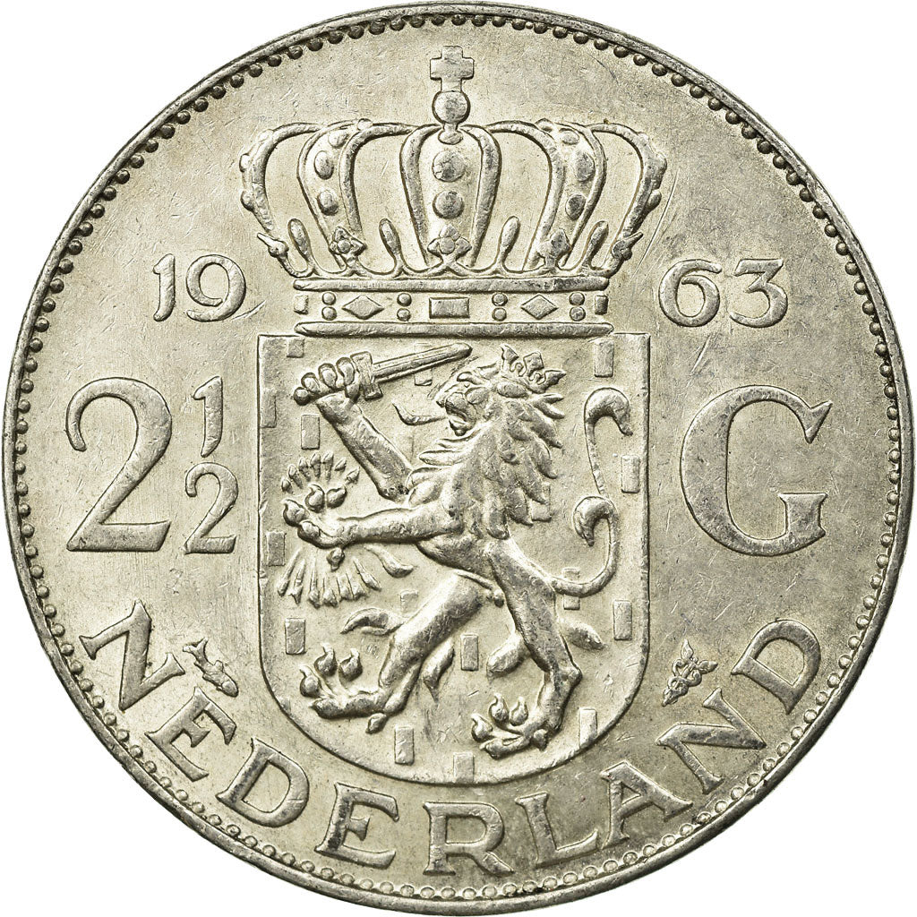 Coin, Netherlands, Juliana, 2-1/2 Gulden, 1963, EF(40-45), Silver, KM:185