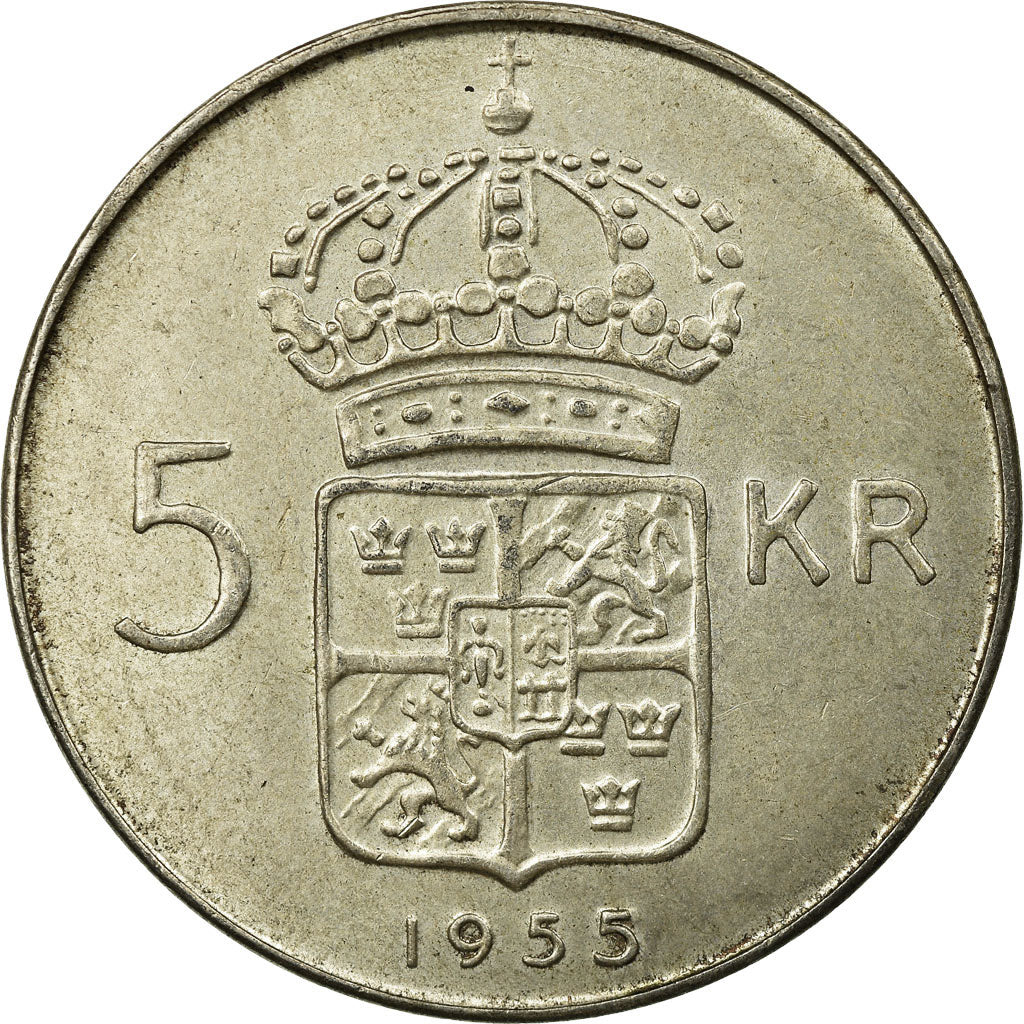 Coin, Sweden, Gustaf VI, 5 Kronor, 1955, EF(40-45), Silver, KM:829