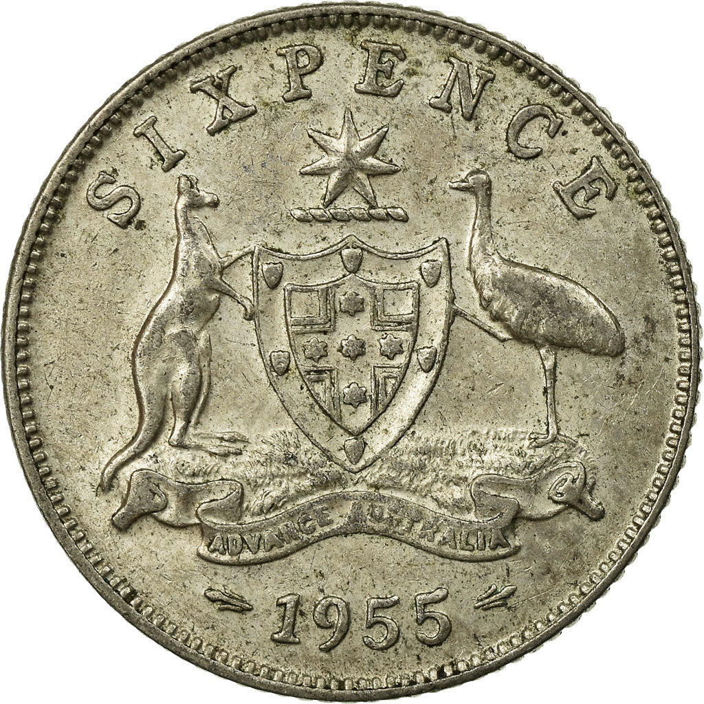 Coin, Australia, Elizabeth II, Sixpence, 1955, Melbourne, EF(40-45), Silver