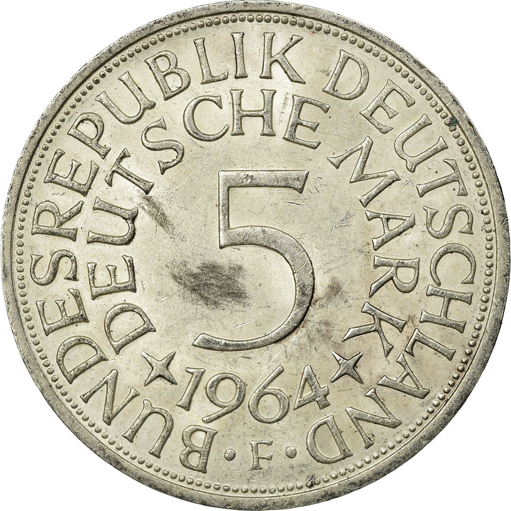 Coin, GERMANY - FEDERAL REPUBLIC, 5 Mark, 1964, Stuttgart, EF(40-45), Silver