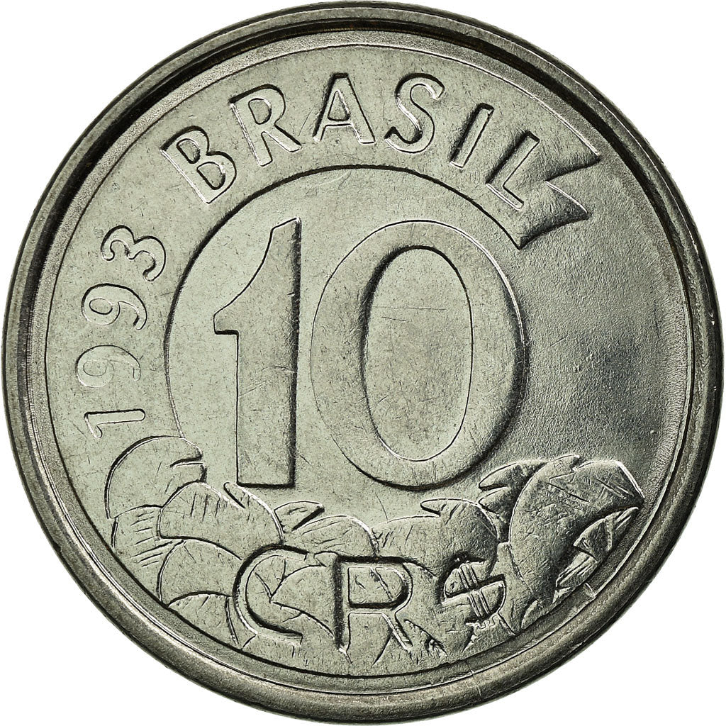 Moneta, Brazylia, 10 Cruzeiros Reais, 1993, AU(55-58), Stal nierdzewna, KM:628