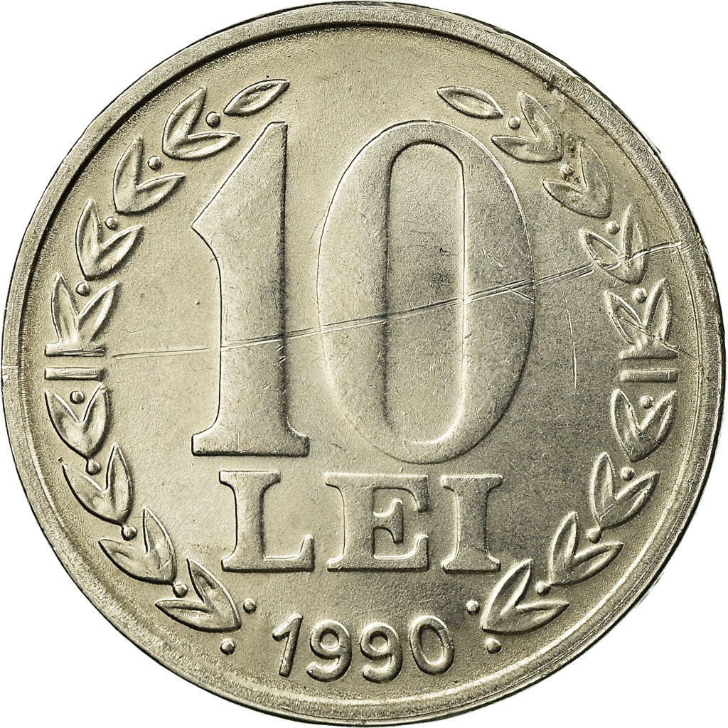 Coin, Romania, 10 Lei, 1990, AU(55-58), Nickel Clad Steel, KM:108