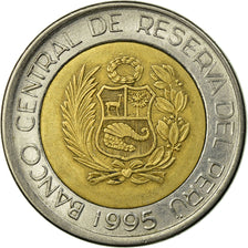 Moneda, Perú, 5 Nuevos Soles, 1995, Lima, MBC, Bimetálico, KM:316
