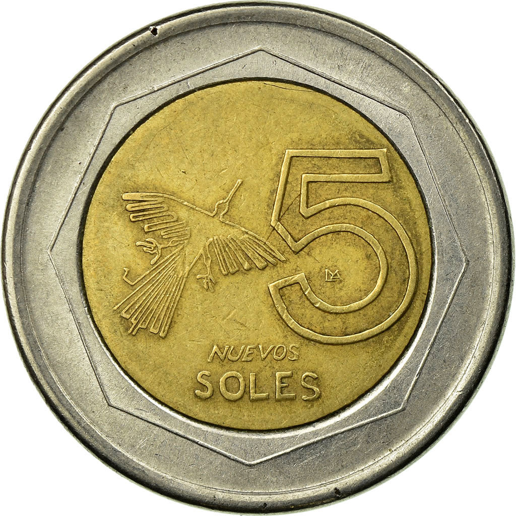 Moneda, Perú, 5 Nuevos Soles, 1995, Lima, MBC, Bimetálico, KM:316