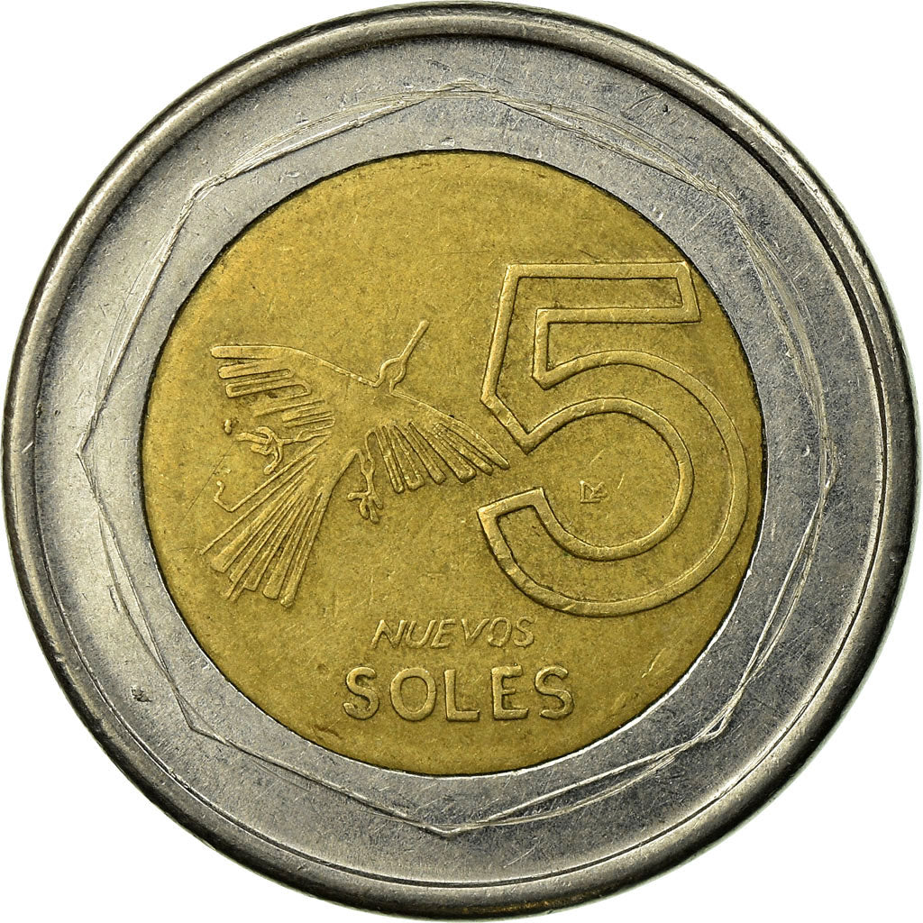 Moneta, Perù, 5 Nuevos Soles, 1995, Lima, BB, Bi-metallico, KM:316