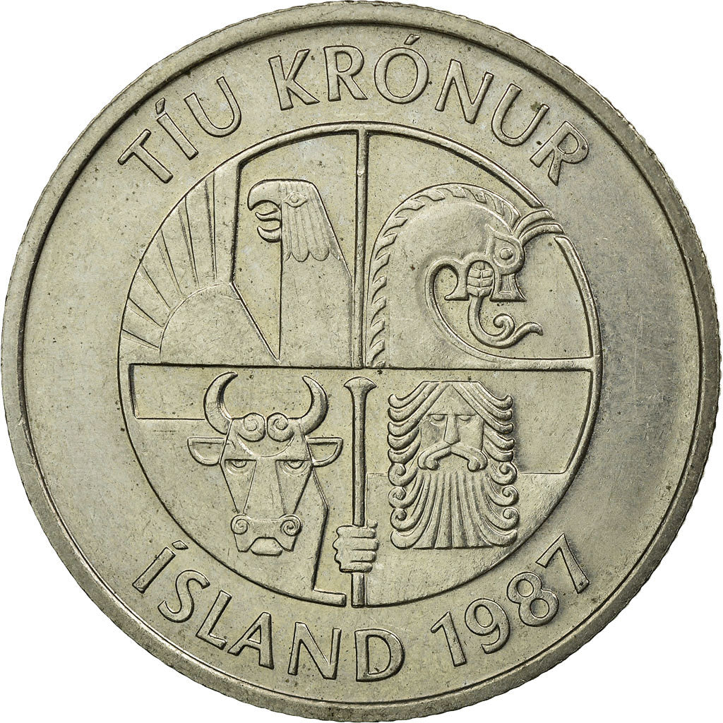 Münze, Iceland, 10 Kronur, 1987, SS, Copper-nickel, KM:29.1