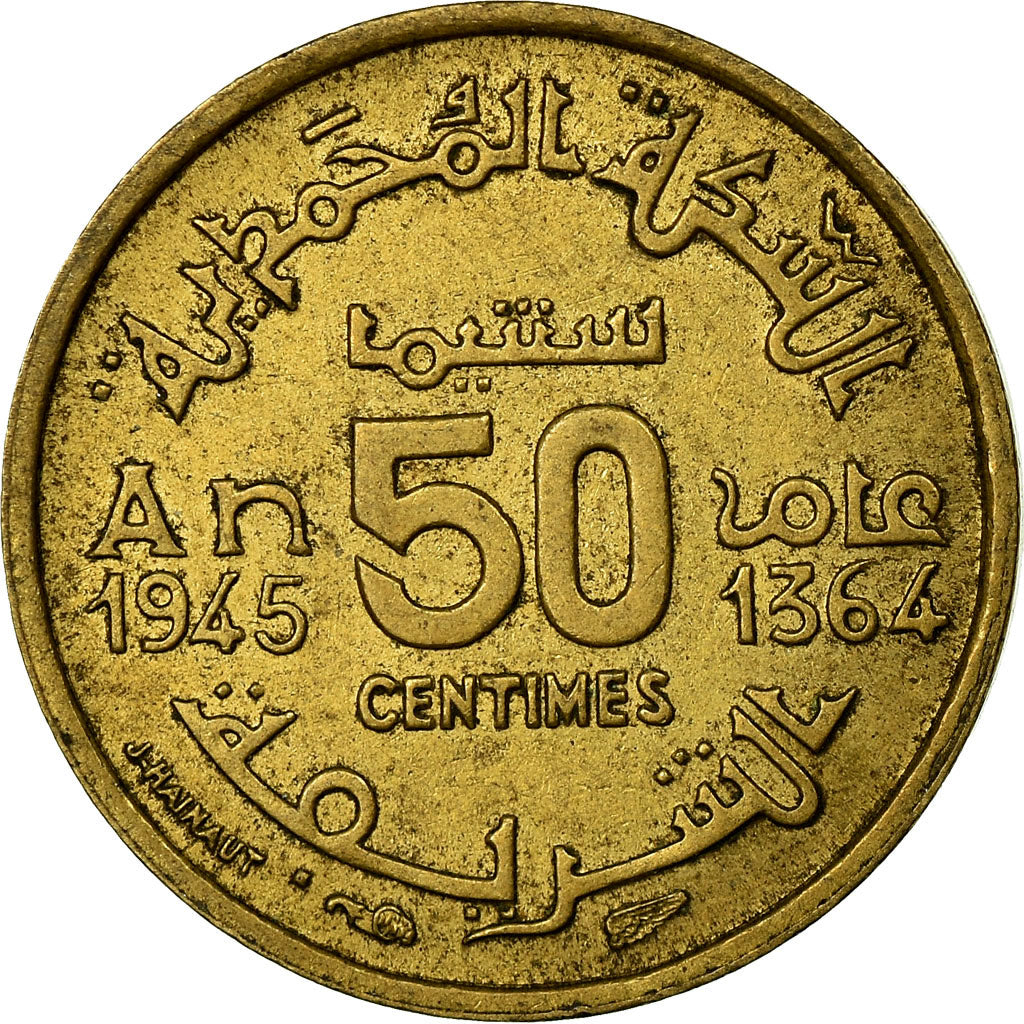 Moneta, Marocco, Mohammed V, 50 Centimes, 1945, Paris, BB, Alluminio-bronzo