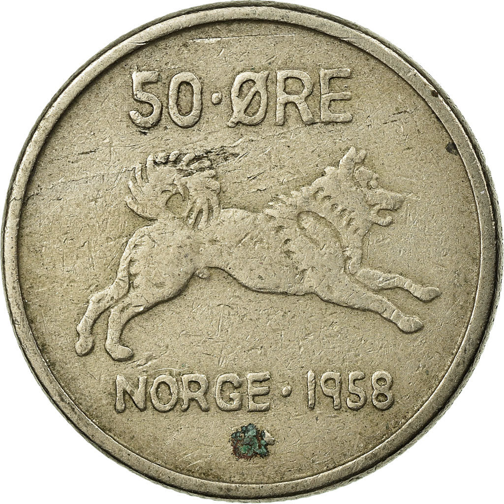 Coin, Norway, Olav V, 50 Öre, 1958, EF(40-45), Copper-nickel, KM:408