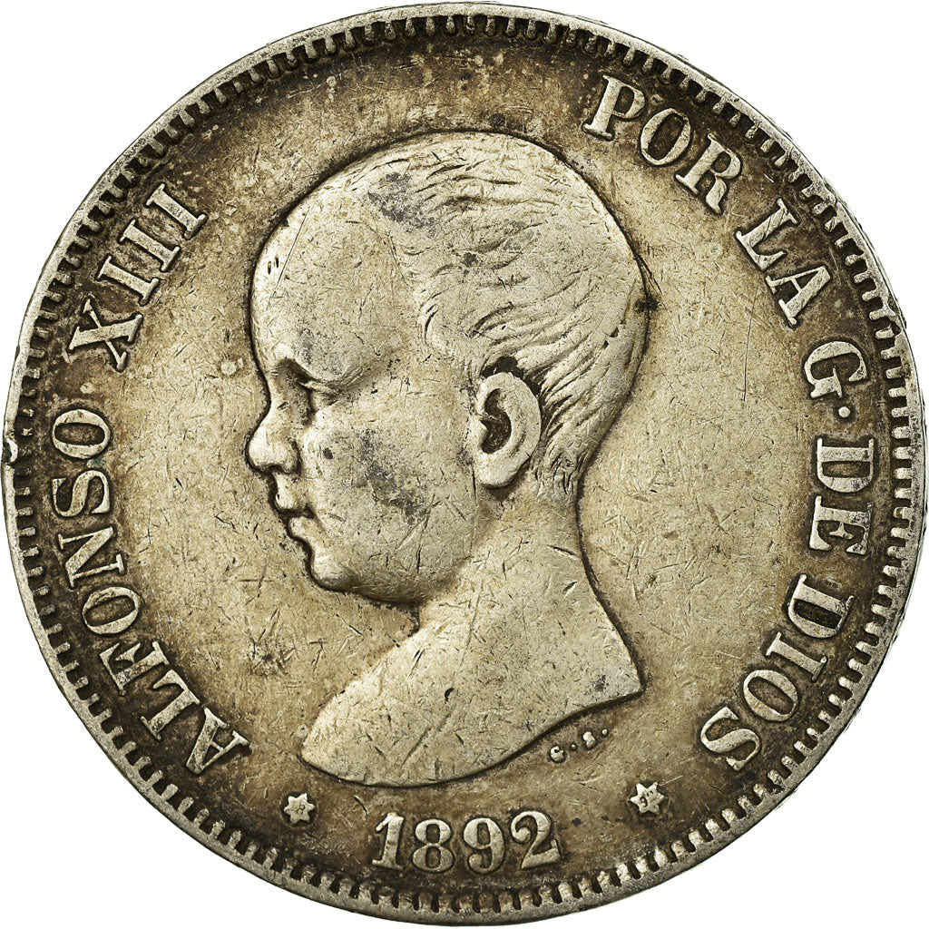 Moneda, España, Alfonso XIII, 5 Pesetas, 1892, BC+, Plata, KM:700