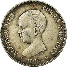Moneda, España, Alfonso XIII, 5 Pesetas, 1892, BC+, Plata, KM:700