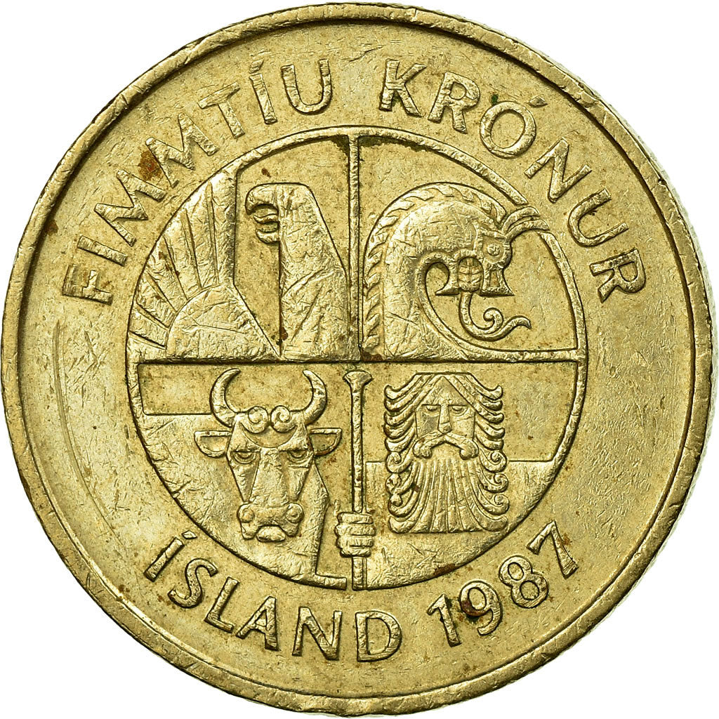 Coin, Iceland, 50 Kronur, 1987, EF(40-45), Nickel-brass, KM:31