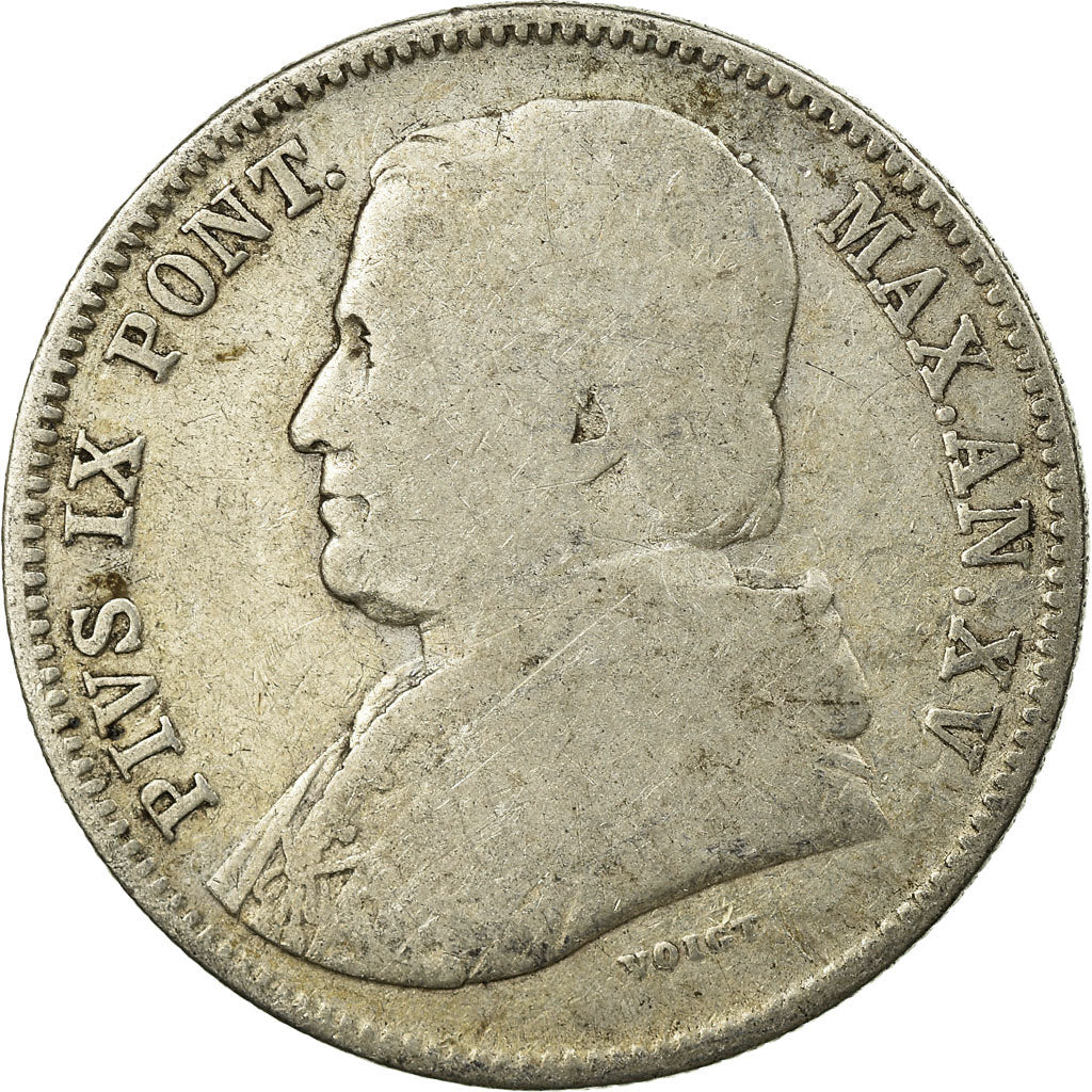 Moneda, Estados italianos, PAPAL STATES, Pius IX, 20 Baiocchi, 1860, BC+, Plata