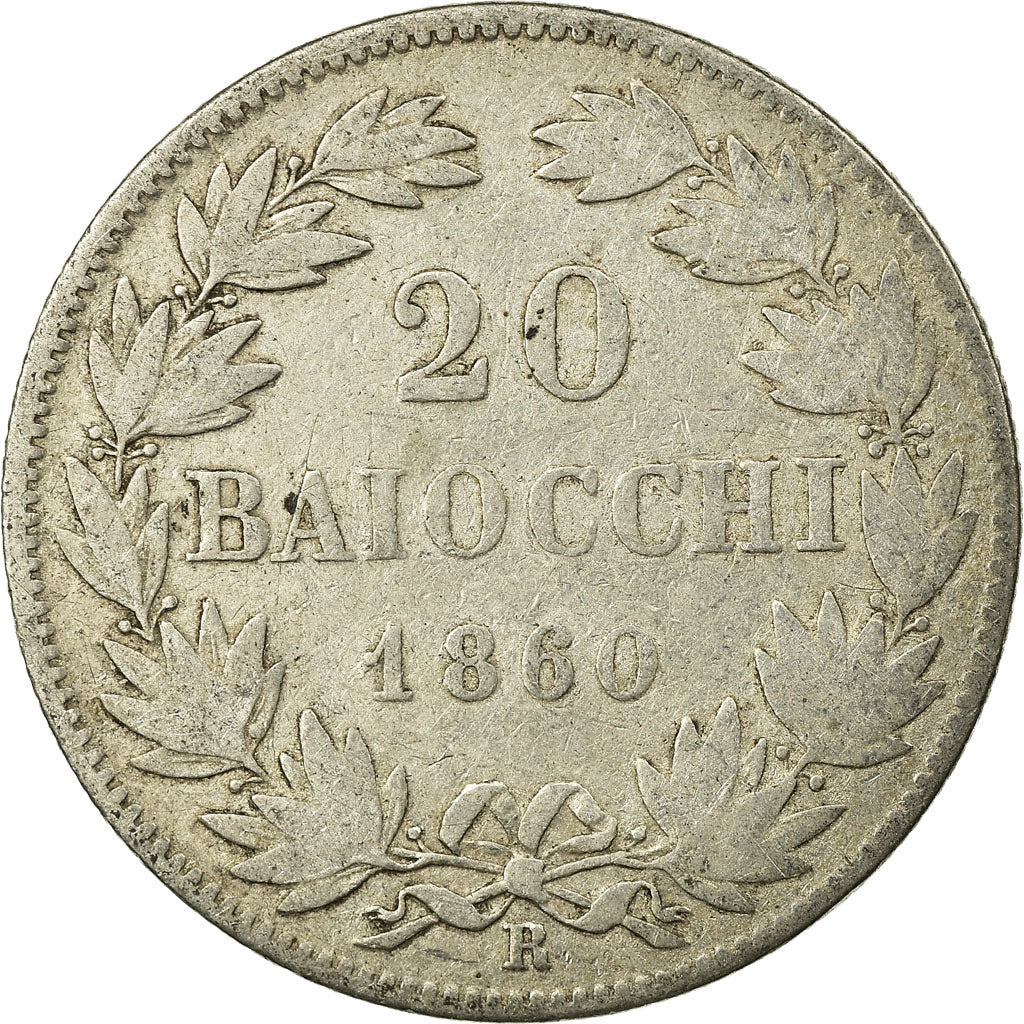 Moneda, Estados italianos, PAPAL STATES, Pius IX, 20 Baiocchi, 1860, BC+, Plata