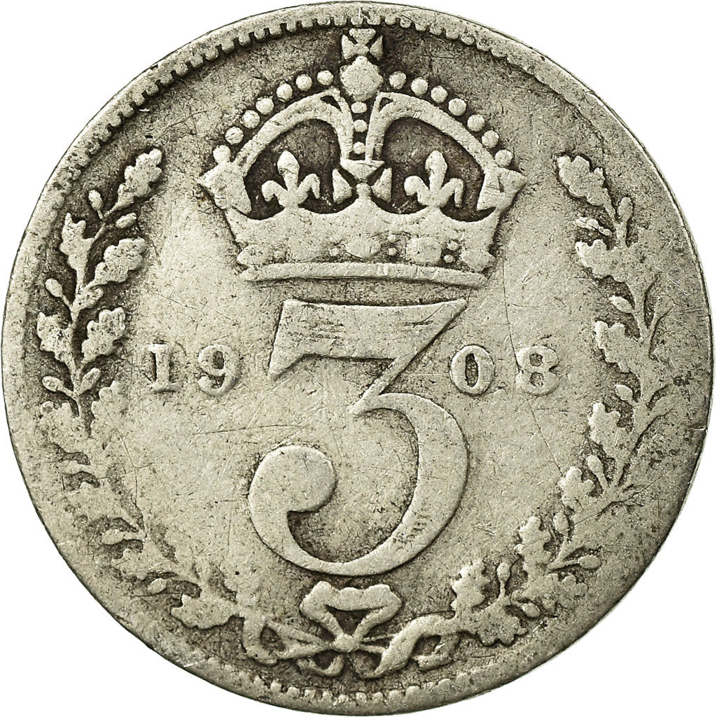 Coin, Great Britain, Edward VII, 3 Pence, 1908, VF(20-25), Silver, KM:797.2