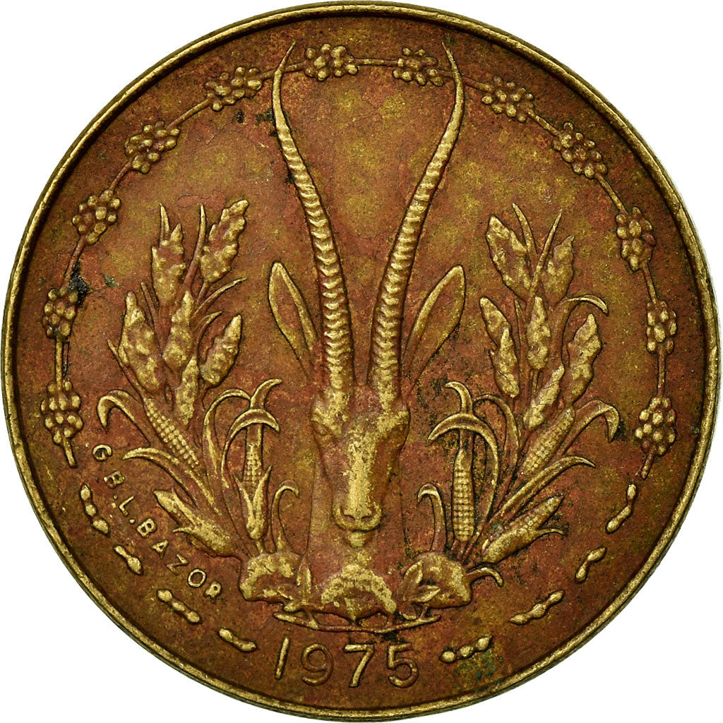 Moneda, Estados del África Occidental, 5 Francs, 1975, BC+, Aluminio - níquel