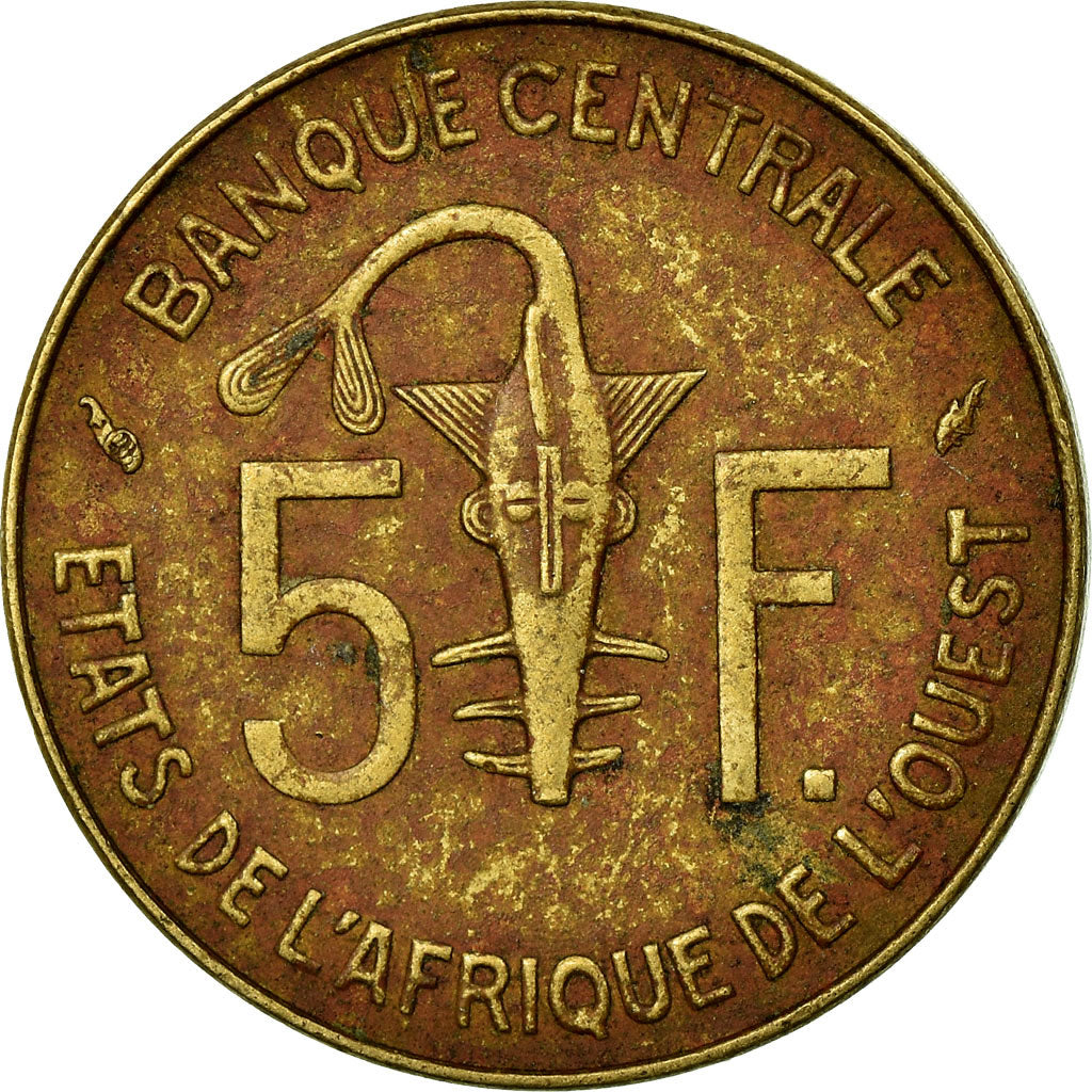 Moneda, Estados del África Occidental, 5 Francs, 1975, BC+, Aluminio - níquel