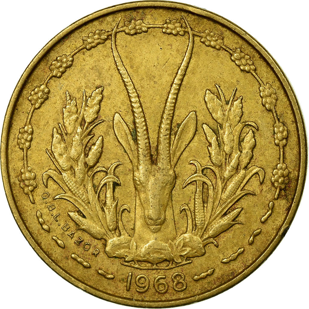 Moneda, Estados del África Occidental, 5 Francs, 1968, MBC, Aluminio - níquel