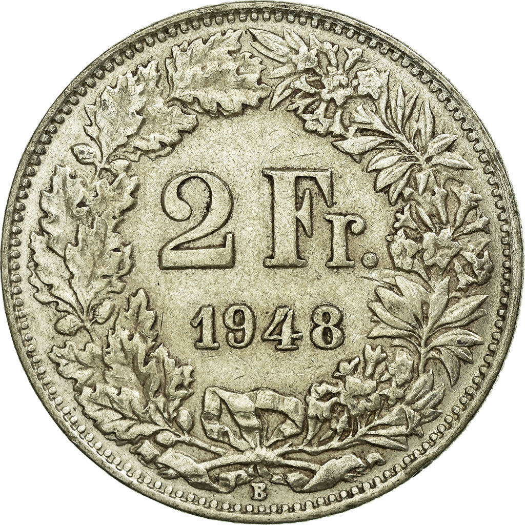 Coin, Switzerland, 2 Francs, 1948, Bern, EF(40-45), Silver, KM:21