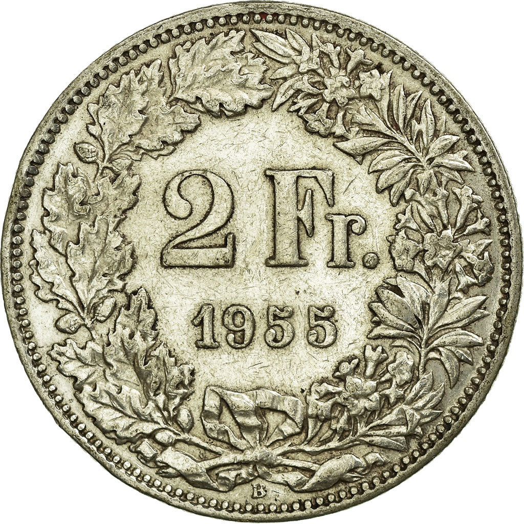 Coin, Switzerland, 2 Francs, 1955, Bern, EF(40-45), Silver, KM:21